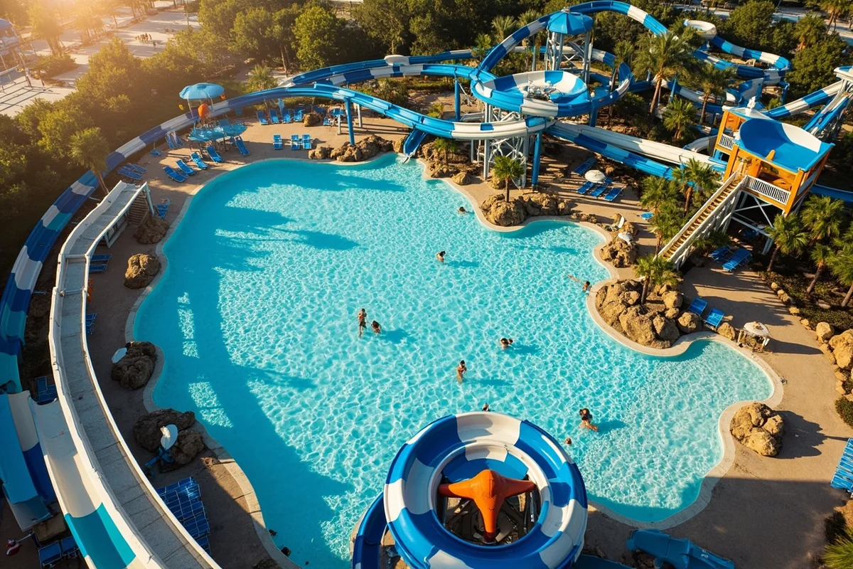 Aerial view of Electric City Water Park showing the main pool and slide complex