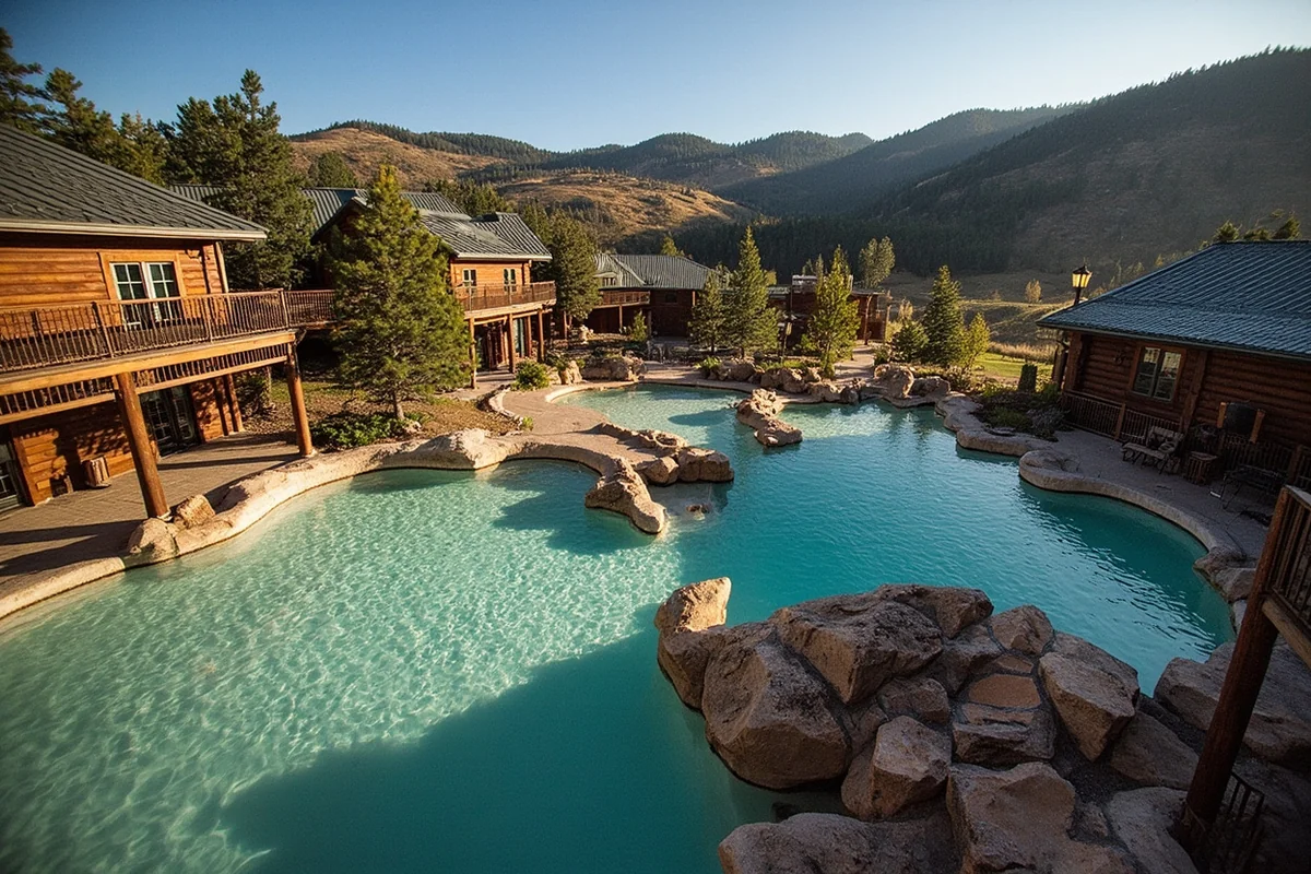 Aerial view of Elkhorn Hot Springs resort showing outdoor pools, rustic cabins, and surrounding Pioneer Mountains landscape
