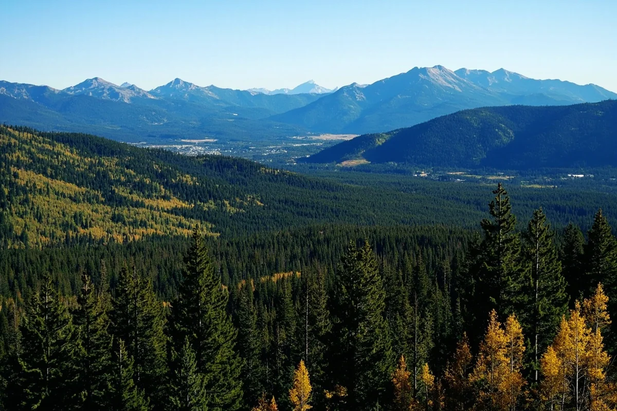 Aerial view of Flathead National Forest showing diverse tree coverage and mountain terrain