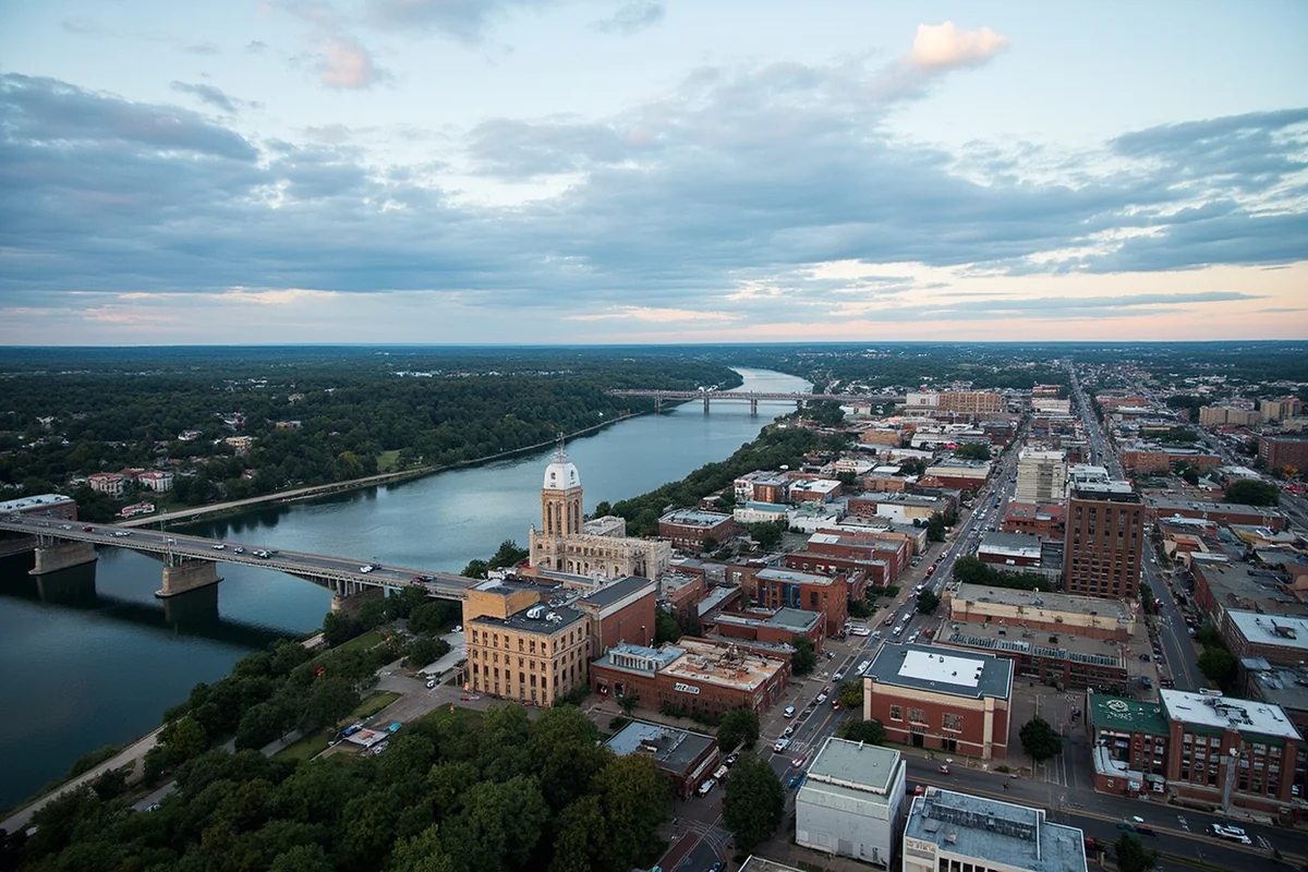Aerial view of Great Falls downtown area with Missouri River visible