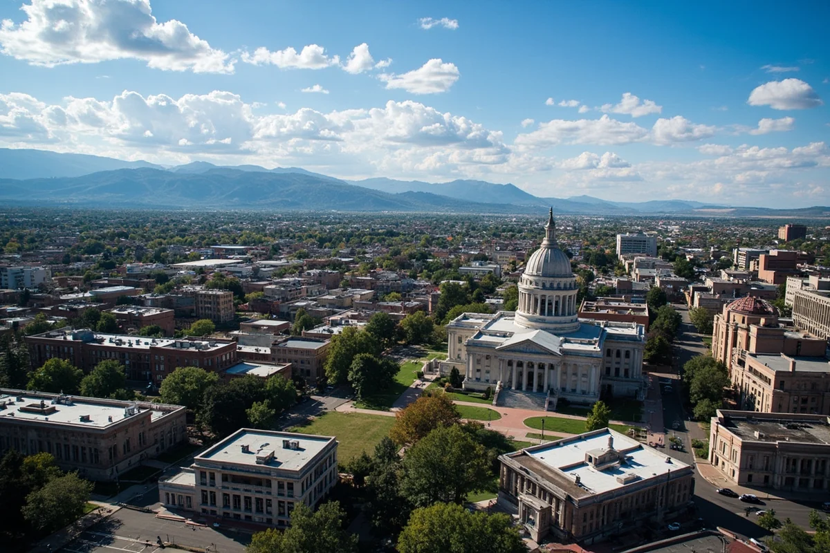 Aerial view of Helena MT showing the State Capitol building with mountains in the background