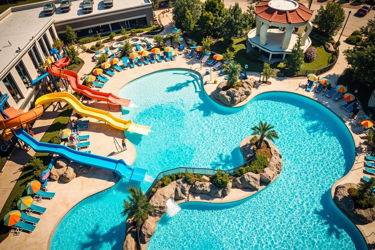 Aerial view of Last Chance Splash Waterpark showing the main pool, slides, and surrounding facilities