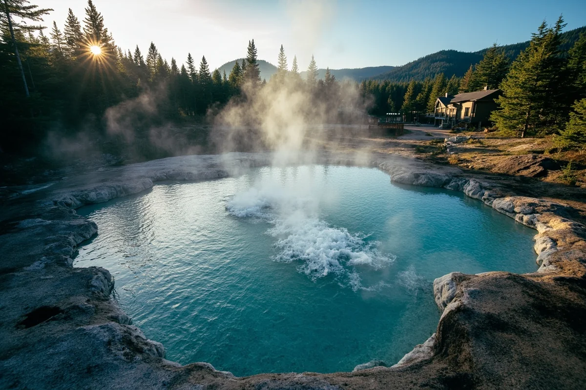 Aerial view of Lolo Hot Springs resort showing outdoor pool with steam rising, surrounded by evergreen forest and mountains