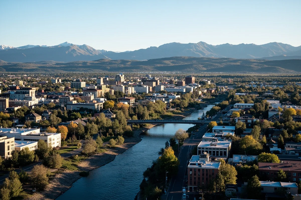 Aerial view of Missoula with mountains in background and Clark Fork River running through downtown