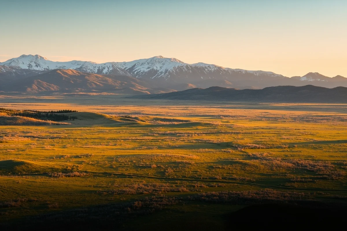 Aerial view of Montana landscape showing mountains meeting prairie at golden hour