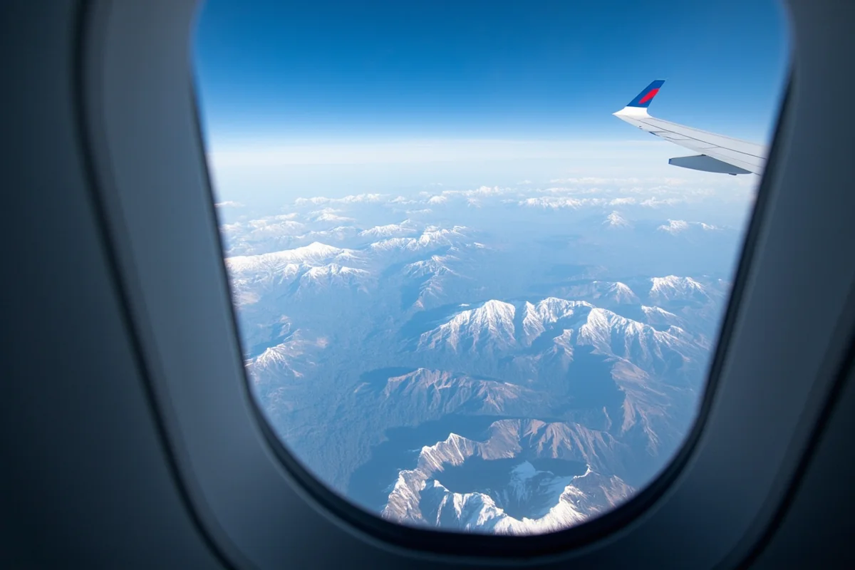 Aerial view of Montana mountains from airplane window with snow-capped peaks visible