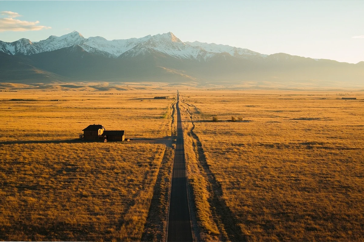 Aerial view of Montana prairie with a single ranch house and road stretching to mountains on the horizon