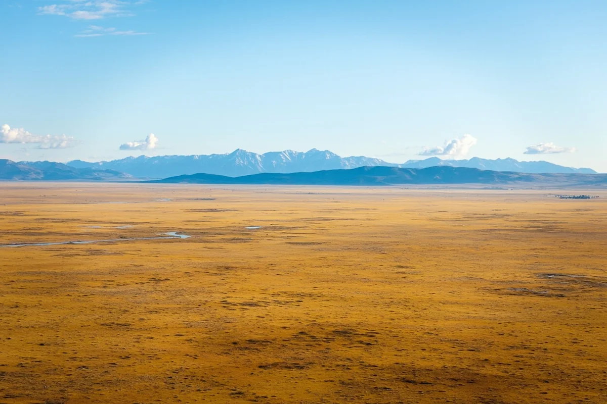 Aerial view of Montana's vast prairie landscape stretching to the horizon with distant mountains