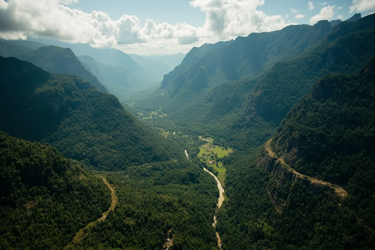 Aerial view of Monture Creek valley showing wilderness terrain and forest