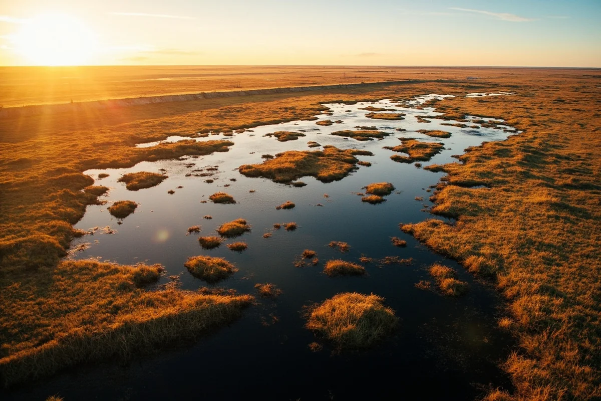 Aerial view of northeast Montana prairie potholes and wetlands during fall migration
