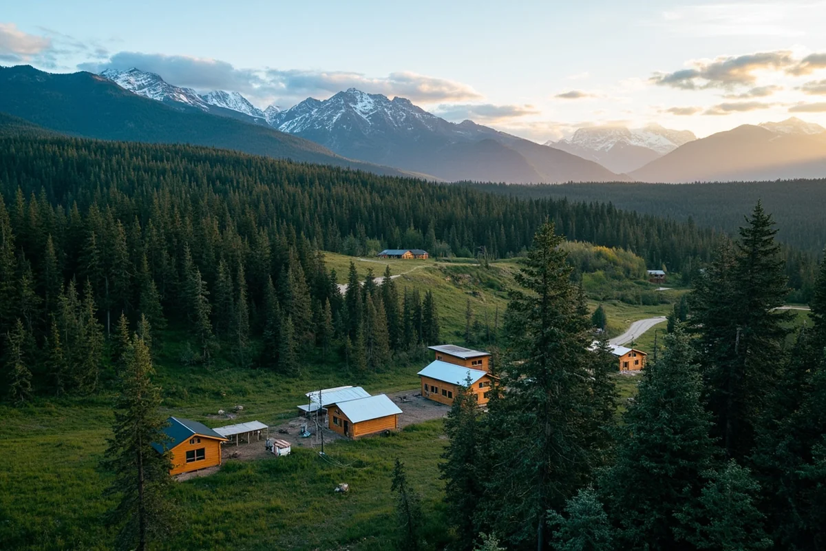 Aerial view of Polebridge's small cluster of wooden buildings surrounded by evergreen forest with mountain peaks in the background