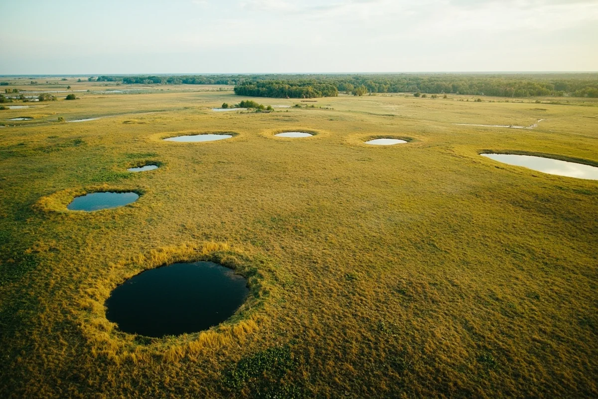 Aerial view of prairie pothole country near Bowdoin National Wildlife Refuge