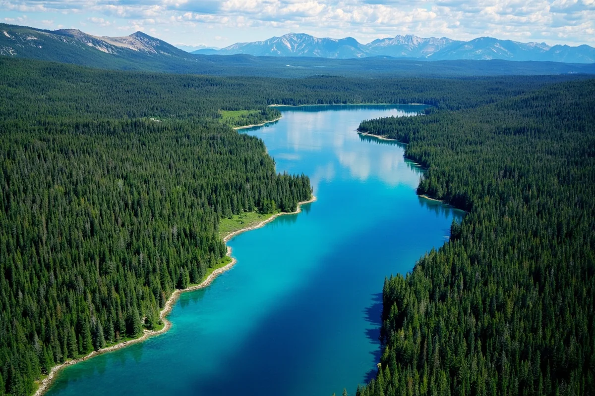 Aerial view of pristine mountain lake surrounded by evergreen forest in Montana wilderness