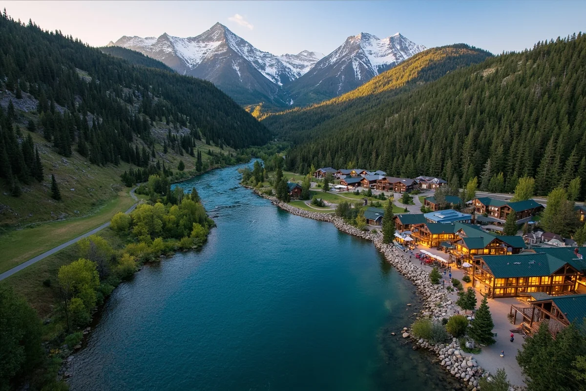 Aerial view of Quinn's Hot Springs Resort nestled along the Clark Fork River with forested mountains in background