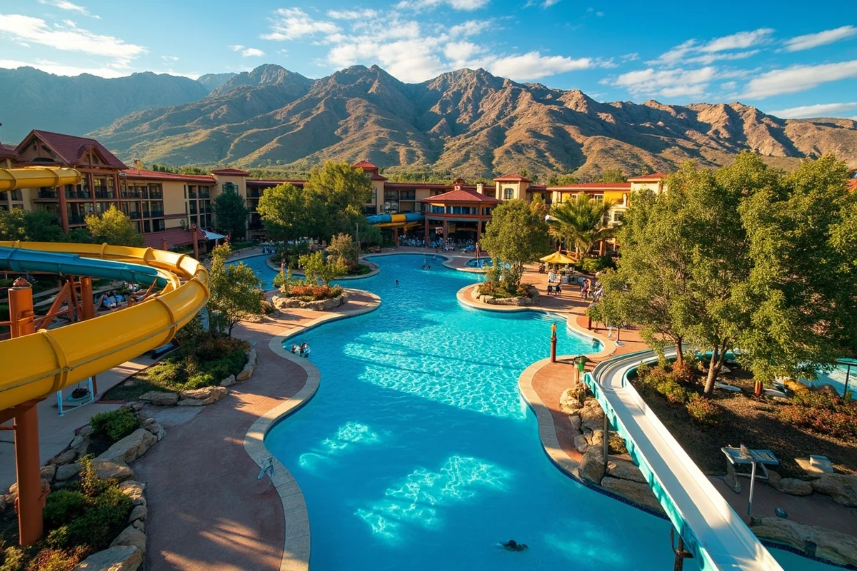 Aerial view of Ridge Waters Water Park showing main pool area and slides against Butte's mountain backdrop