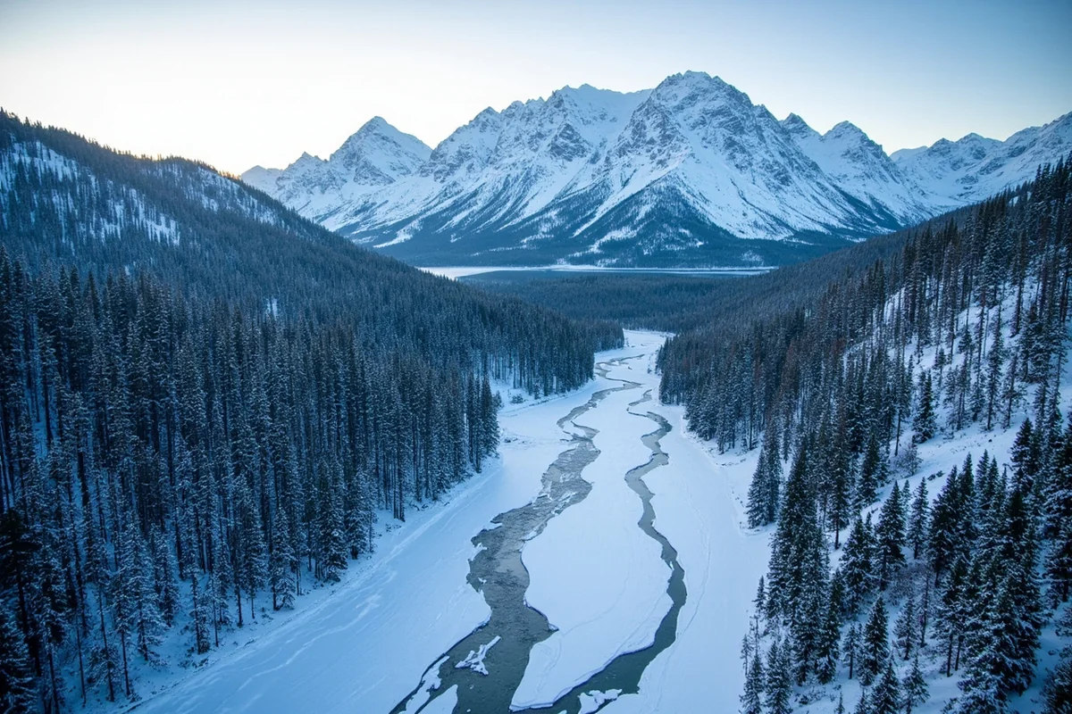 Aerial view of snow-covered Montana mountains with evergreen trees and a winding frozen river below