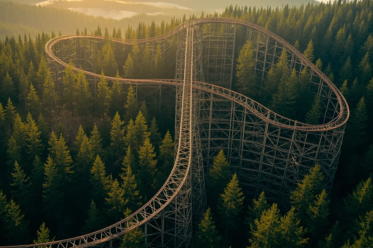 Aerial view of the Lone Montana Mountain Coaster track winding through pine forests