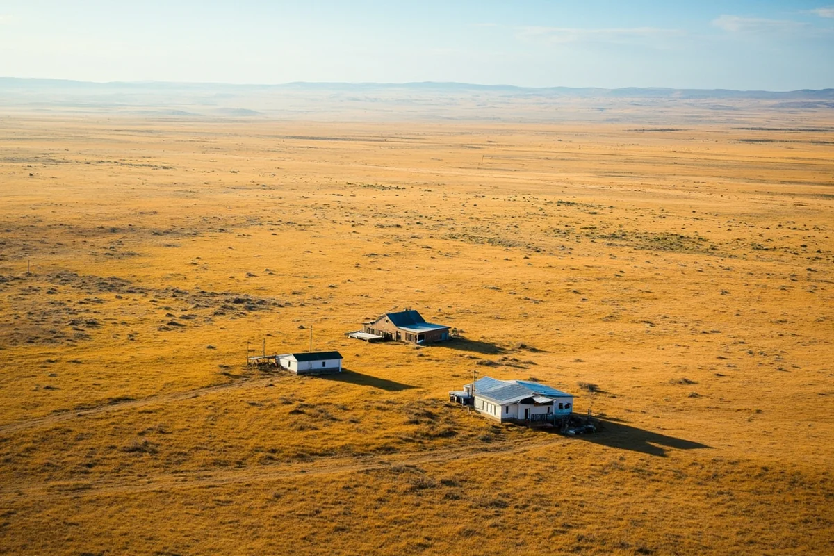 Aerial view of vast Montana prairie with isolated ranch buildings showing scale of emptiness