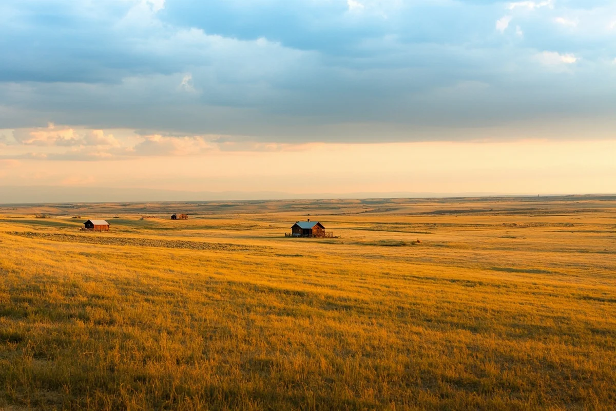 Aerial view of vast Montana prairie with single ranch house visible for miles
