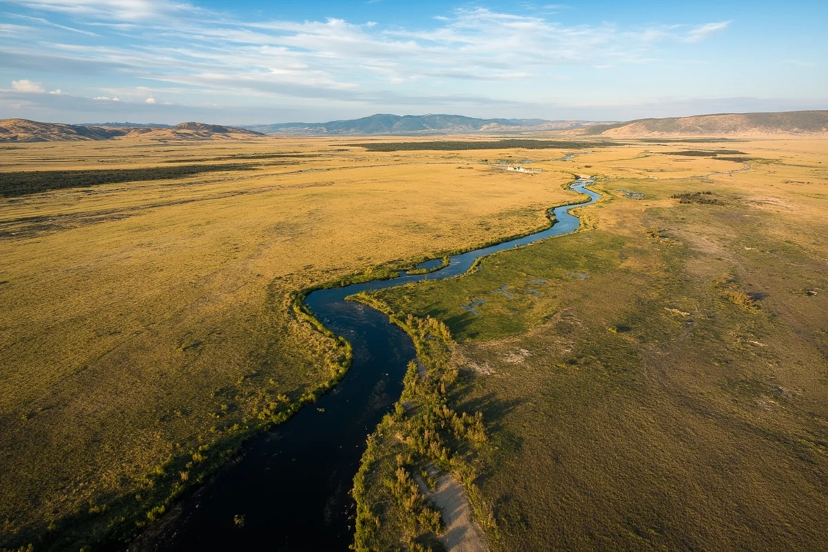Aerial view of vast Montana ranchland with winding river