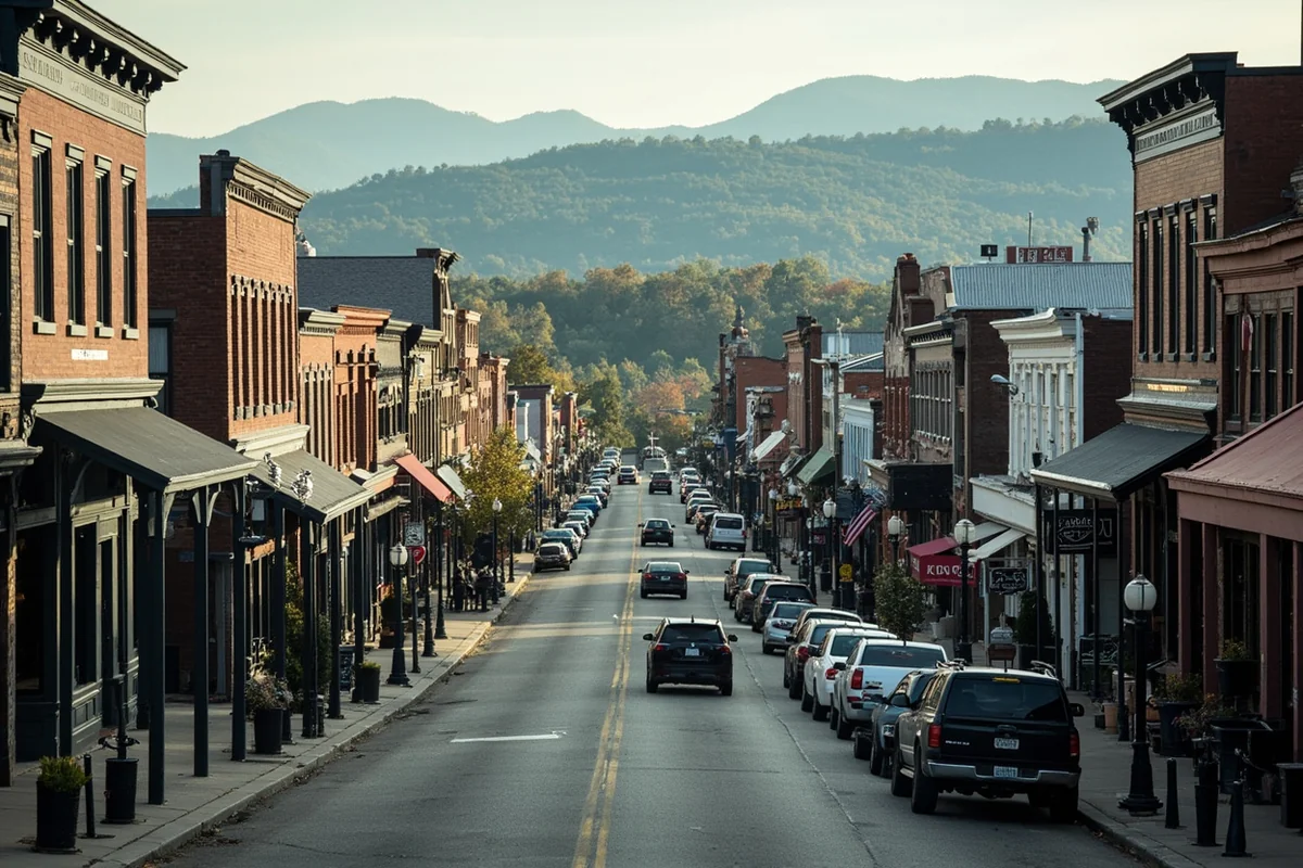 Aerial view of Virginia City main street with historic wooden buildings and mountains