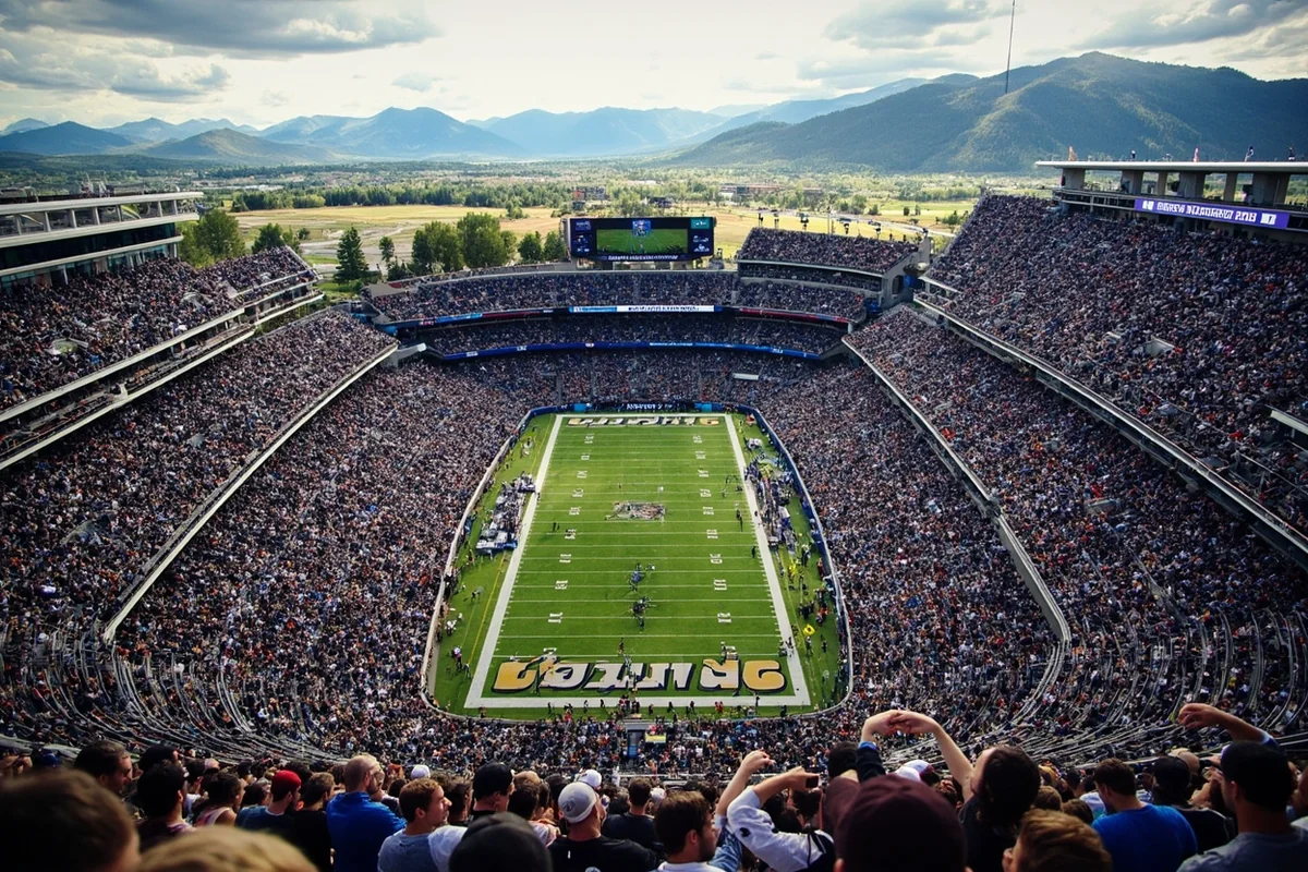 Aerial view of Washington-Grizzly Stadium in Missoula packed with fans on game day