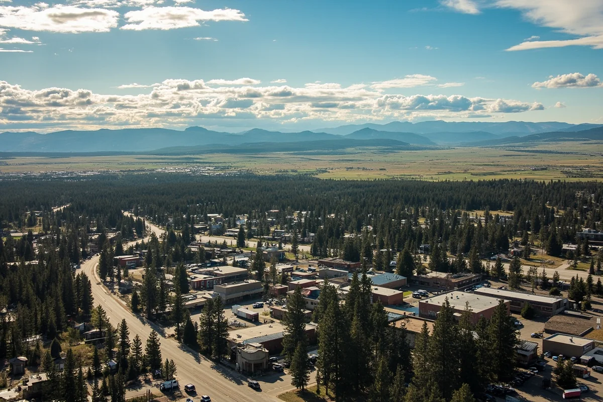 Aerial view of West Yellowstone town with Yellowstone National Park boundary visible in the background