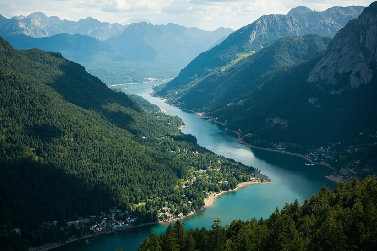 Aerial view of winding mountain river through forested valley