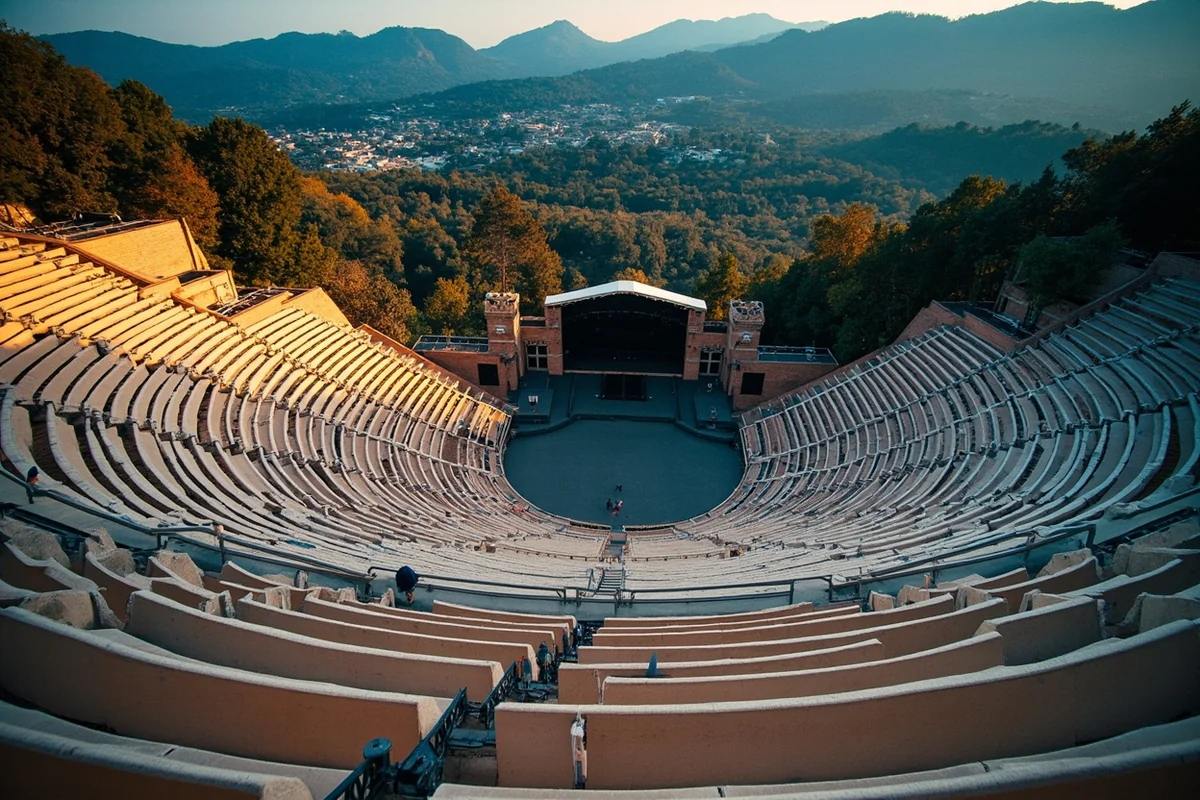Aerial view showing the amphitheater layout with pit, reserved seating, and lawn sections clearly visible