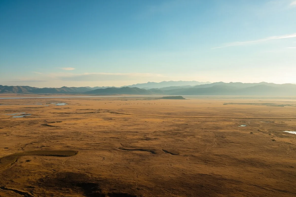 Aerial view showing the vast Montana prairie landscape with distant mountains, illustrating the remote terrain that made it ideal for missile placemen