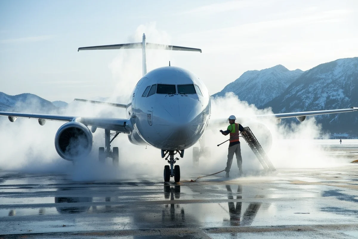 Airplane being de-iced on snowy Montana airport tarmac with mountains visible
