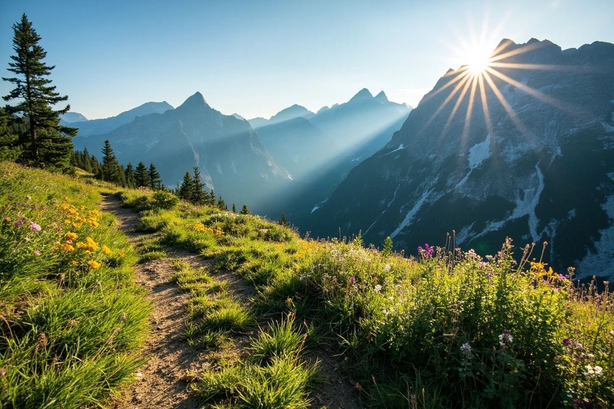 Alpine meadow section of trail with wildflowers and distant mountain peaks