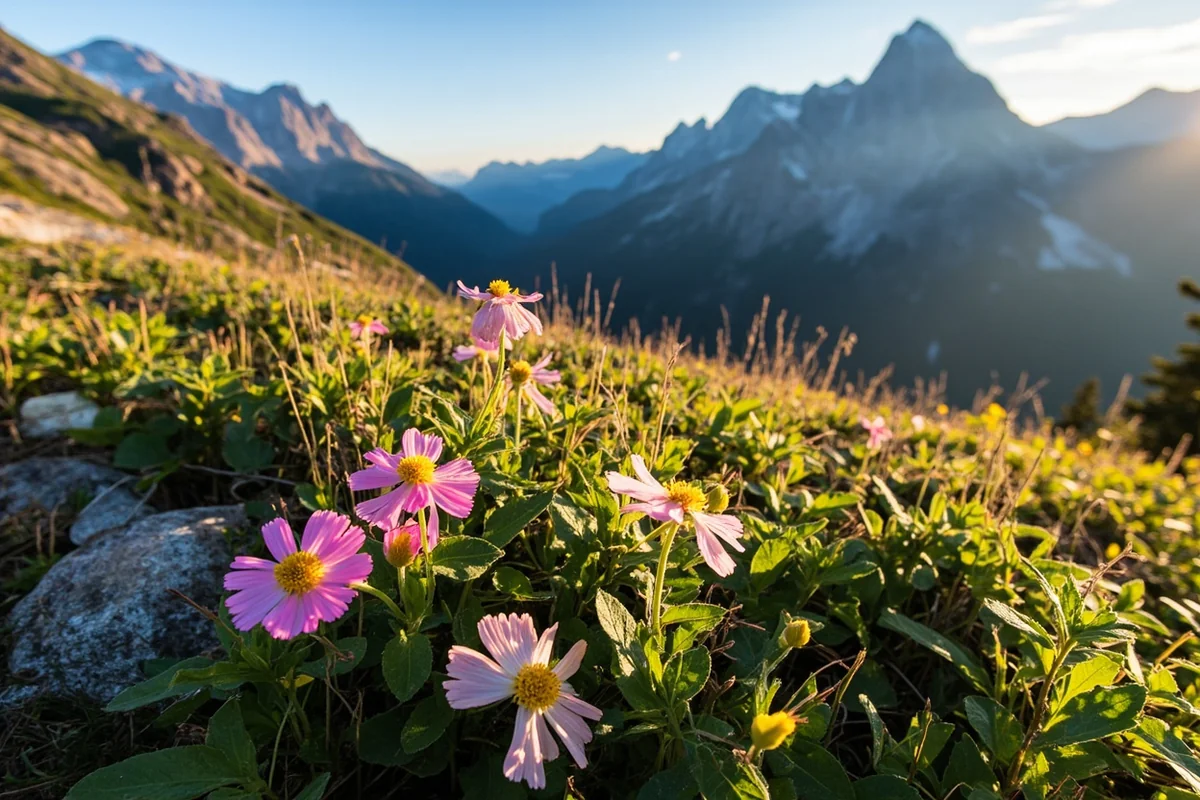Alpine tundra wildflowers on Logan Pass with mountain backdrop in Glacier National Park