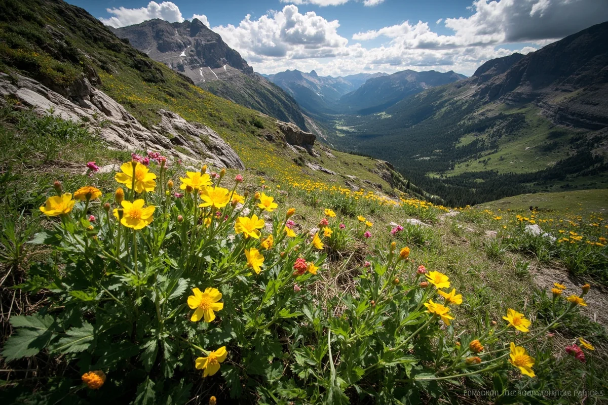 Alpine wildflowers in bloom along the trail to Morning Eagle Falls