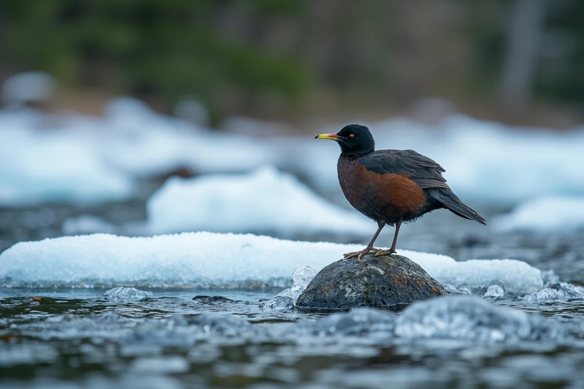 American dipper standing on an icy rock in McDonald Creek with snow-covered banks and evergreen forest