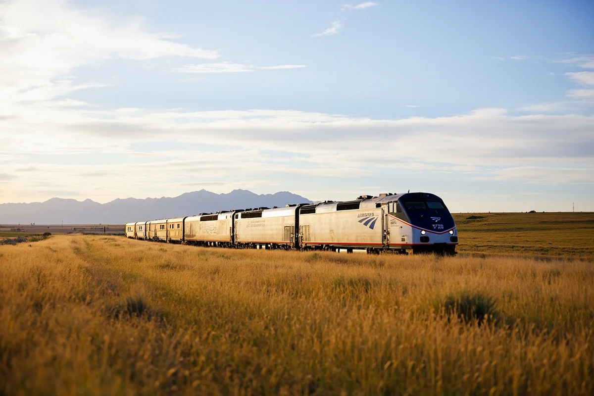 Amtrak Empire Builder train passing through Montana prairie landscape with distant mountains