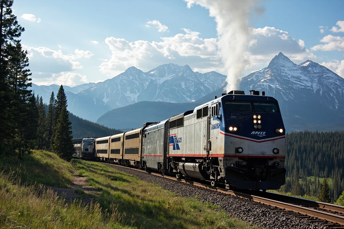 Amtrak Empire Builder train passing through Montana mountain scenery