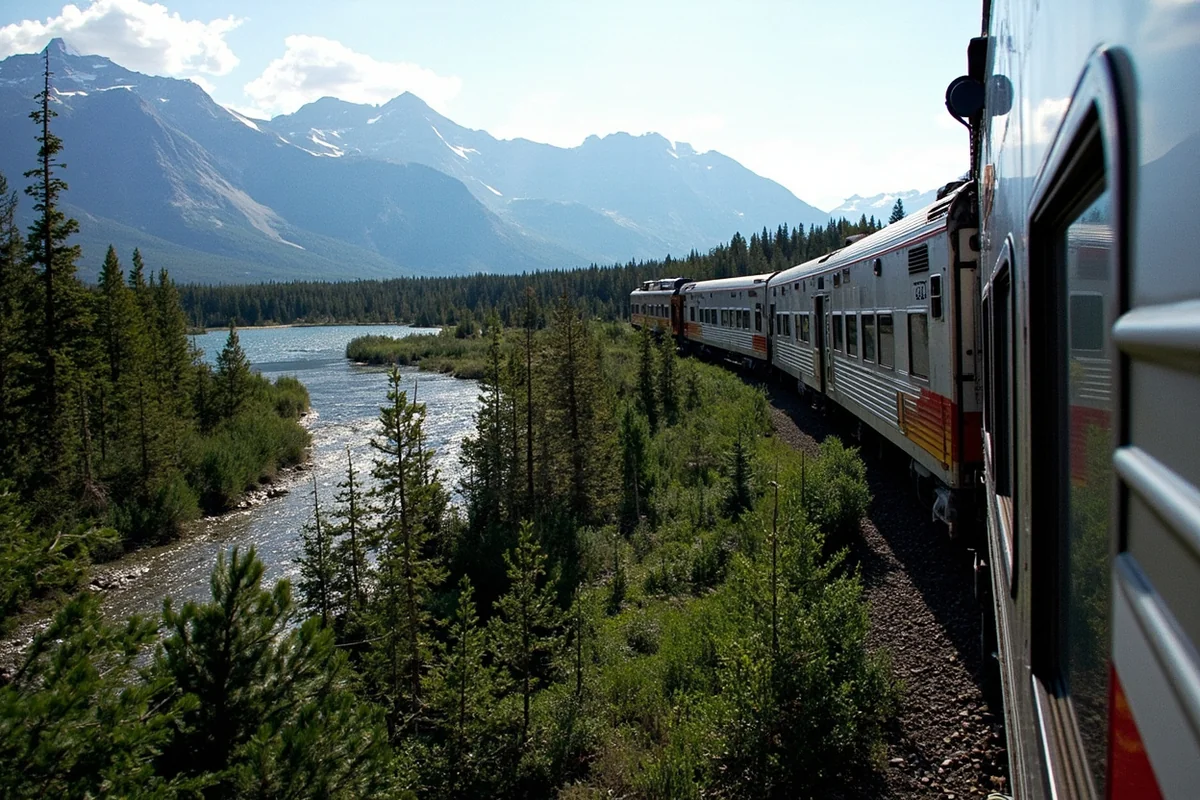 Amtrak Empire Builder train passing through mountain scenery near Glacier National Park