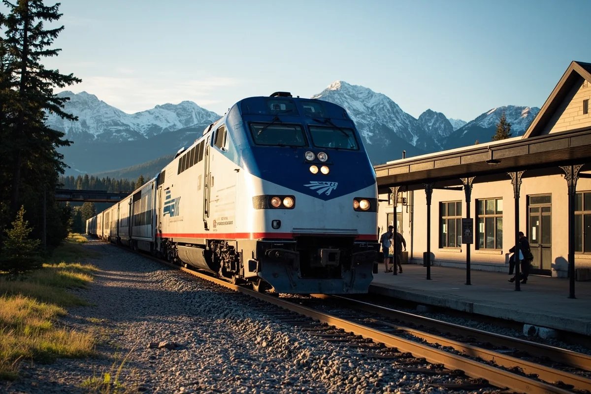 Amtrak Empire Builder train pulling into Whitefish station with mountain backdrop