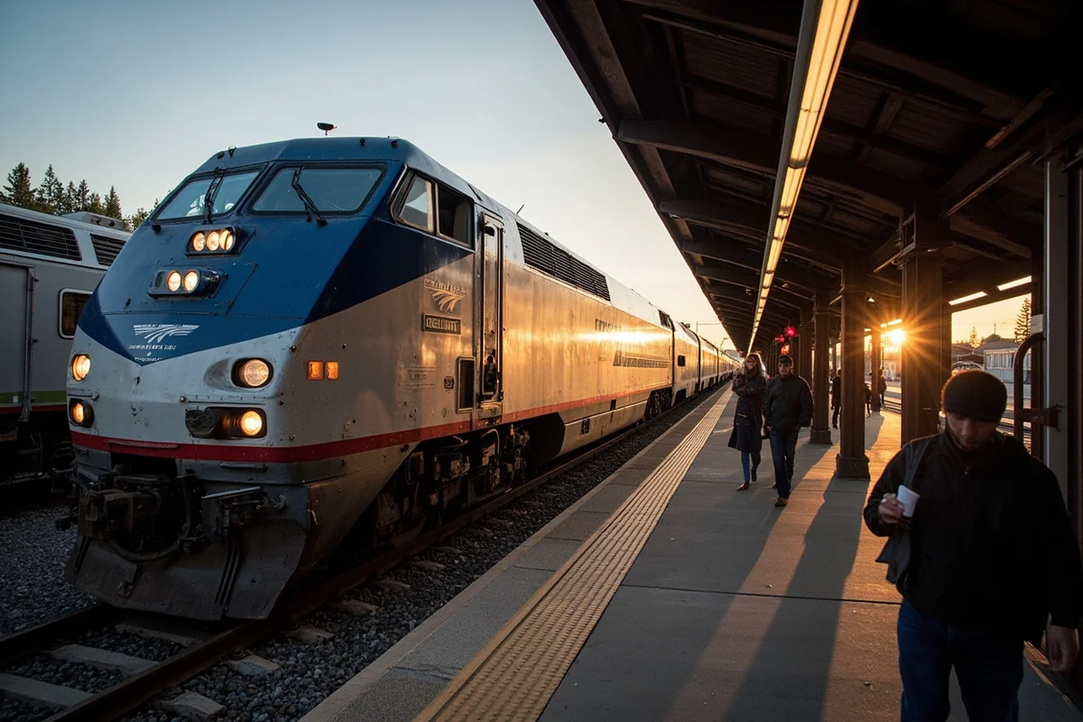 Amtrak Empire Builder train stopped at Whitefish station with passengers