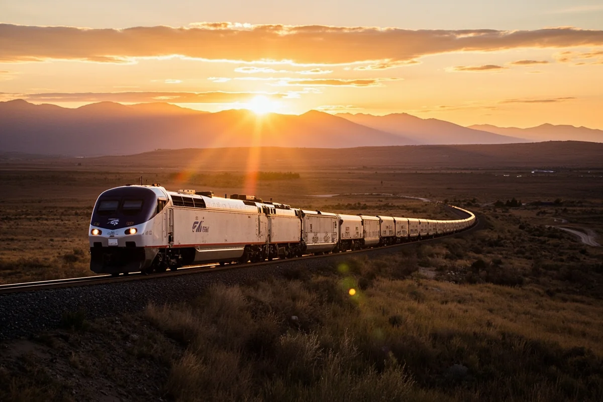 Amtrak Empire Builder train traveling through Montana's Rocky Mountain Front at sunrise