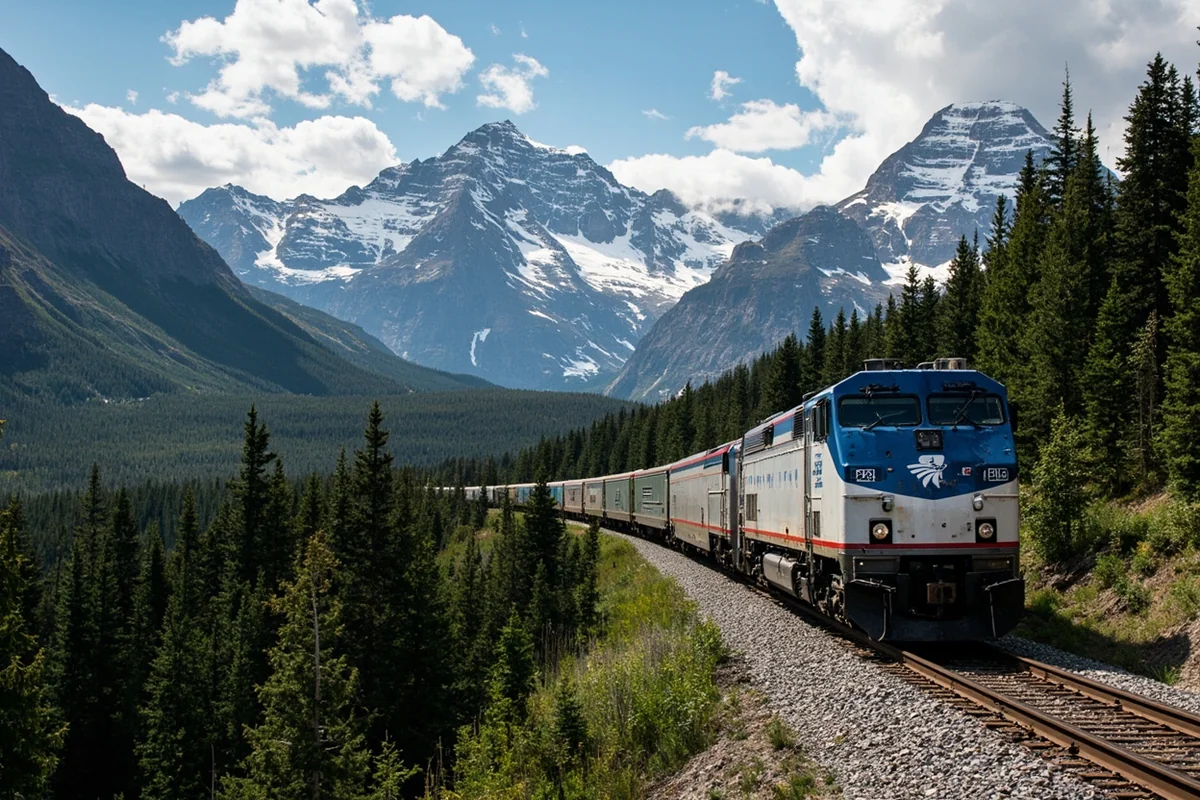 Amtrak Empire Builder train winding through mountain scenery near Glacier National Park