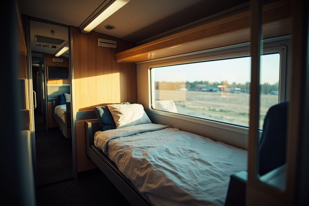 Amtrak roomette interior showing converted bed and large window