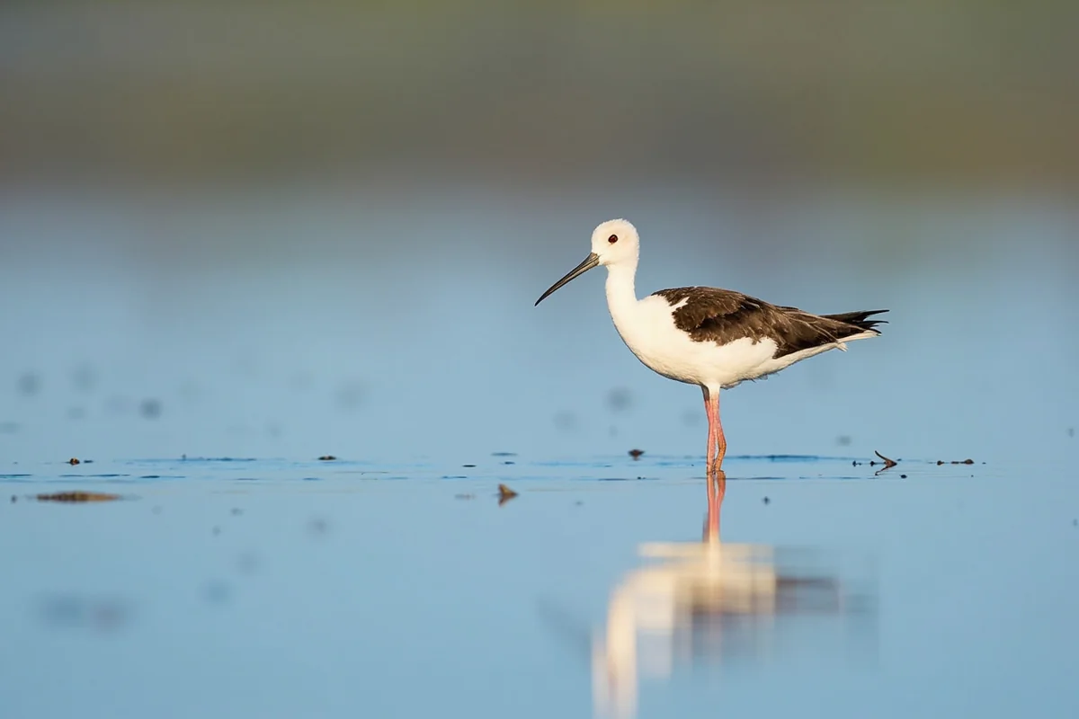 An American avocet wading in shallow water at Benton Lake with its reflection visible