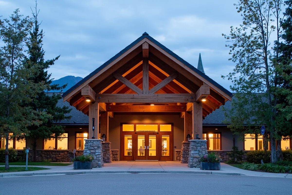 Apgar Visitor Center at Glacier National Park showing the building entrance