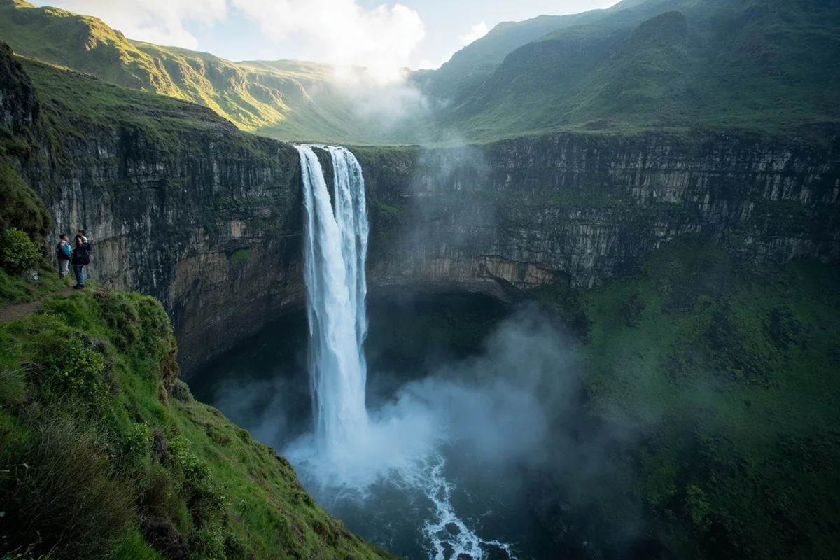 Apikuni Falls plunging down a steep cliff face with hikers visible at the base for scale, morning mist in the background