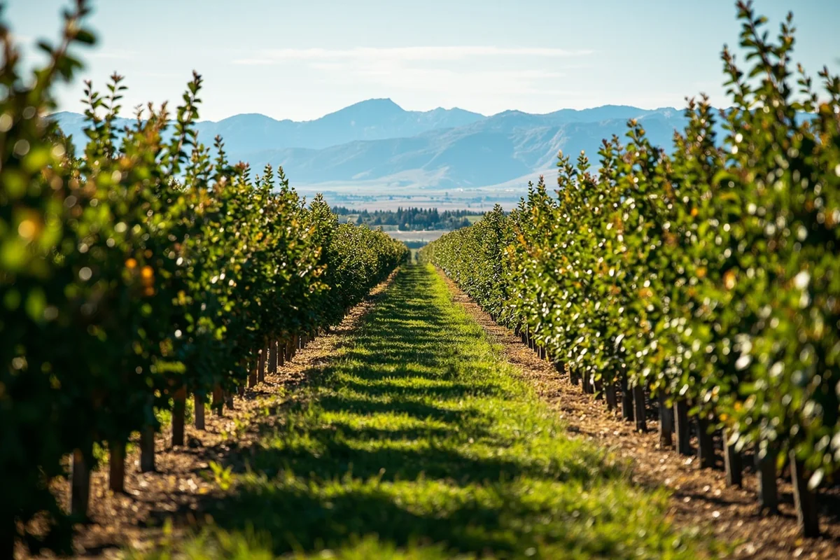 Apple orchard rows in Bitterroot Valley with Bitterroot Mountains backdrop
