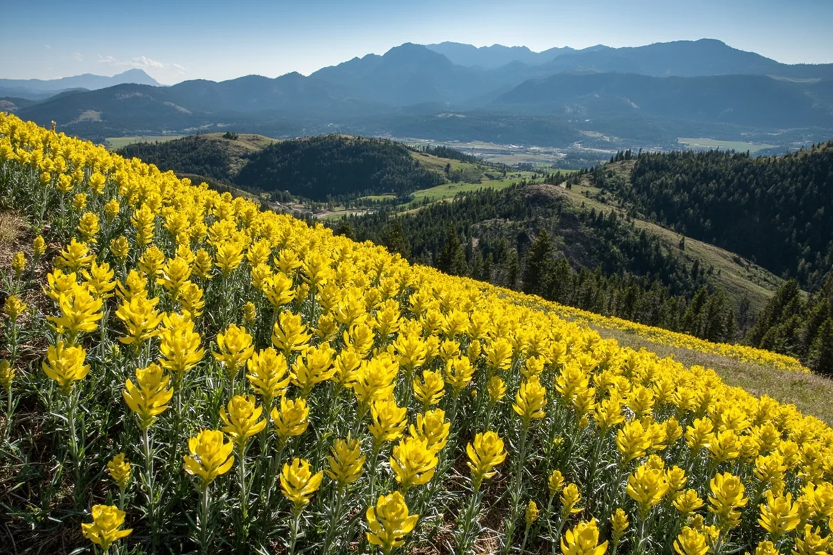 Arrowleaf balsamroot covering hillside in Bitterroot Valley with mountains in background