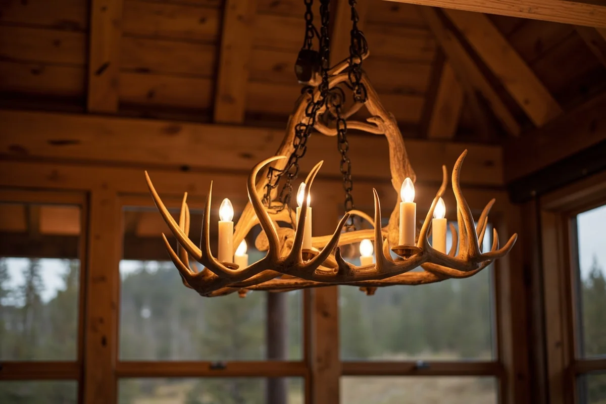 Artisan antler chandelier hanging in rustic Montana cabin setting