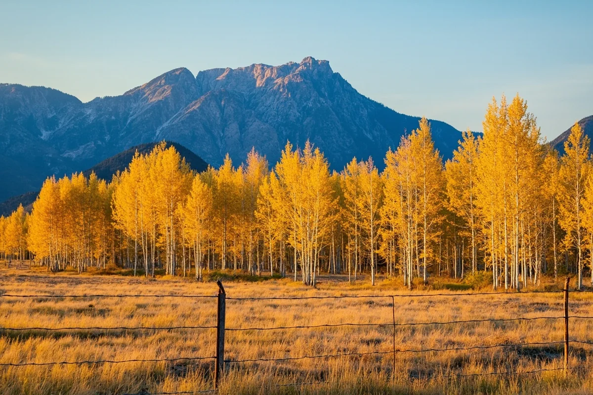 Aspen grove in the Bitterroot Valley with mountains in background and ranch fencing in foreground